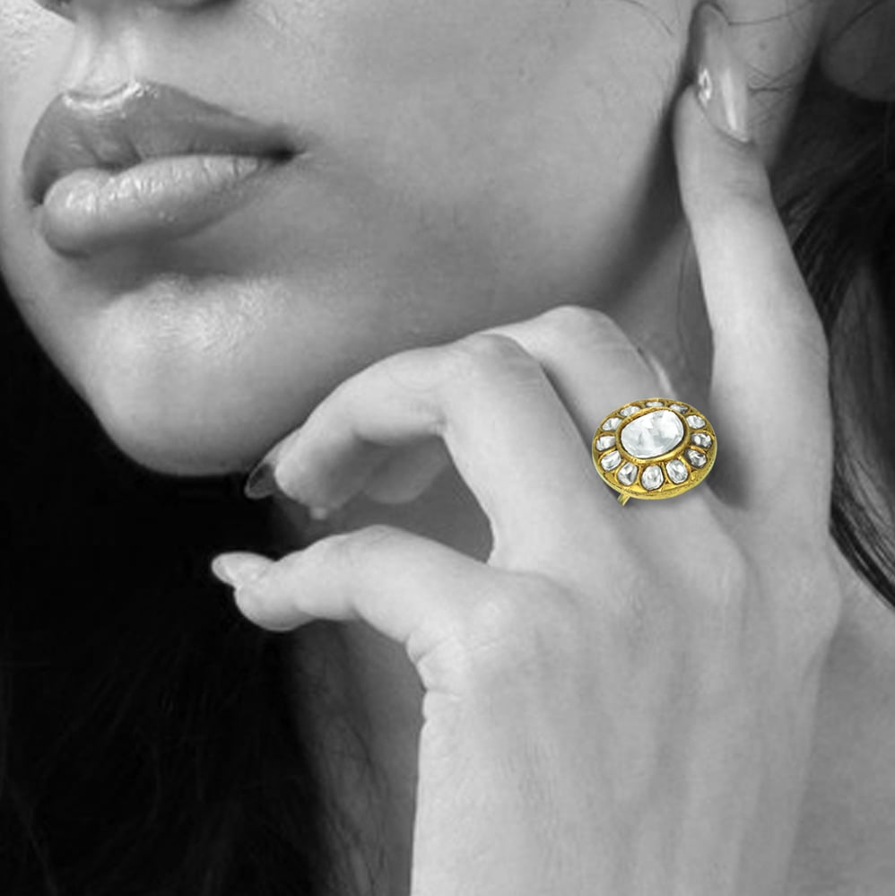 Polki Diamond Ring with Halo of Uncut Diamonds